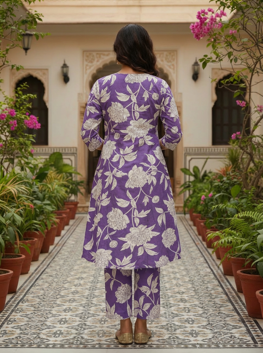 Ahana Cotton Co-ord Set – Plum Purple Floral