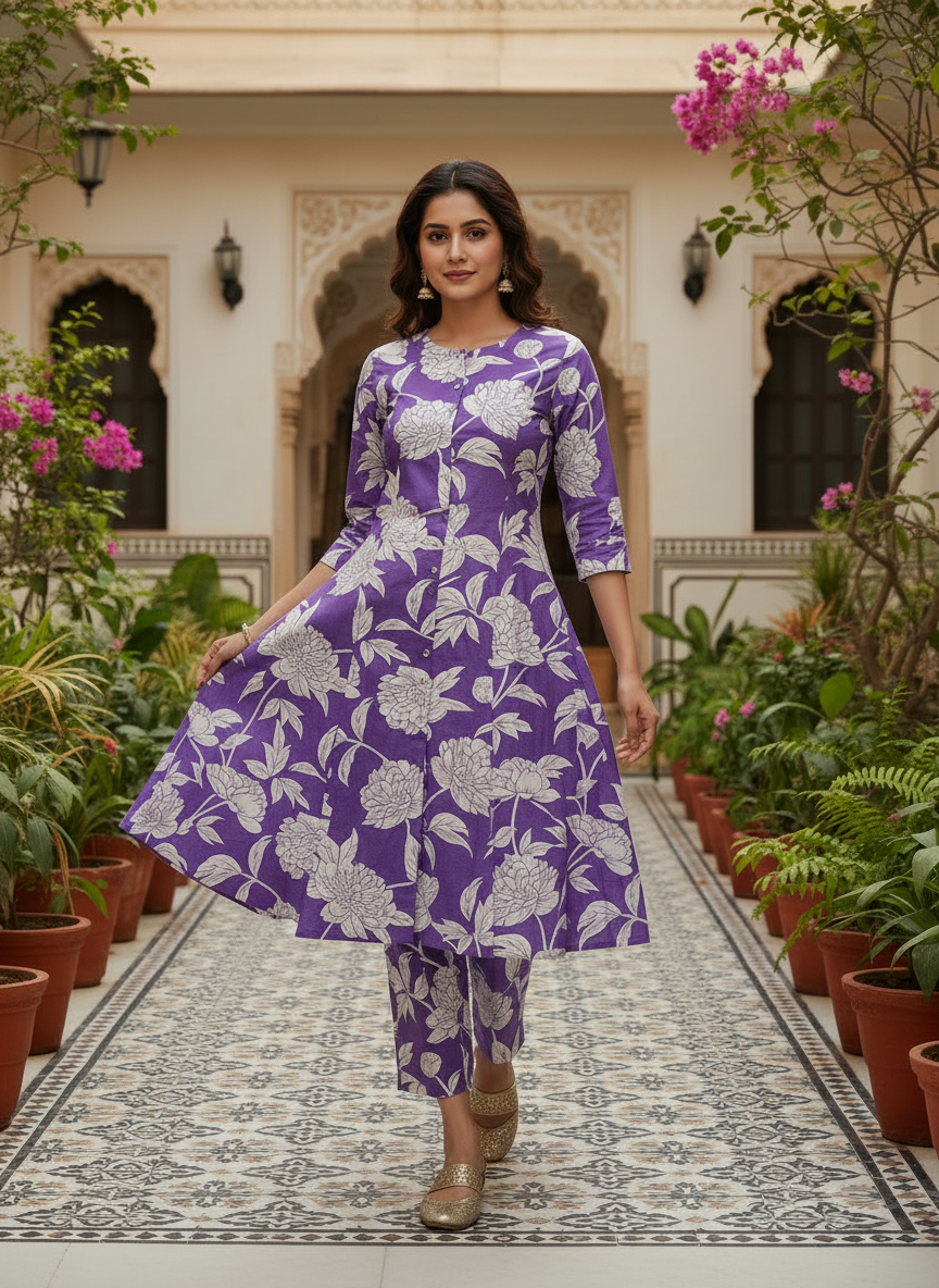 Ahana Cotton Co-ord Set – Plum Purple Floral