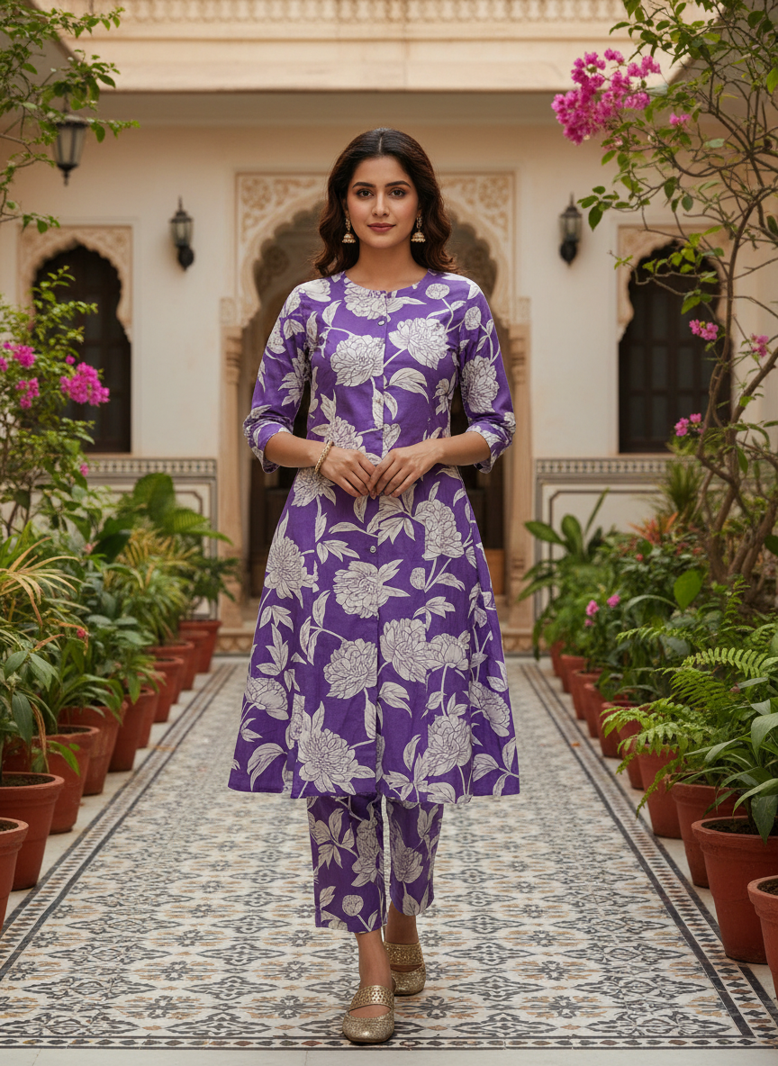Ahana Cotton Co-ord Set – Plum Purple Floral