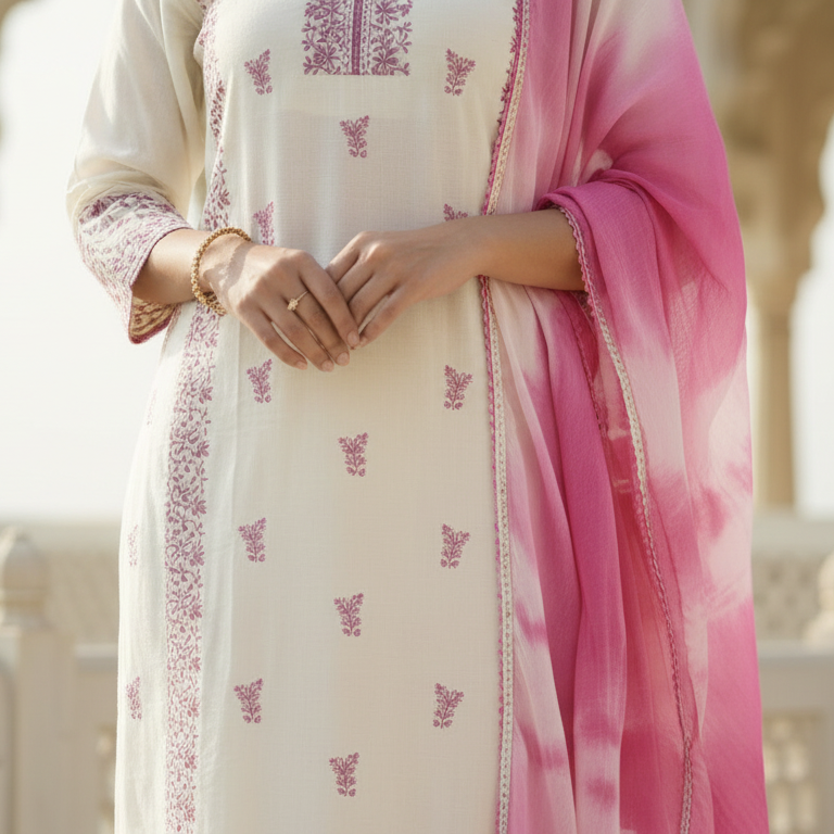 Parvati – Satin Silk 3 Piece Set in Ivory & Rose Pink