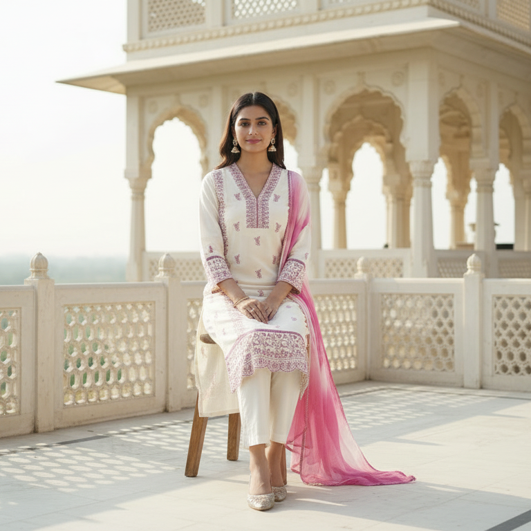 Parvati – Satin Silk 3 Piece Set in Ivory & Rose Pink