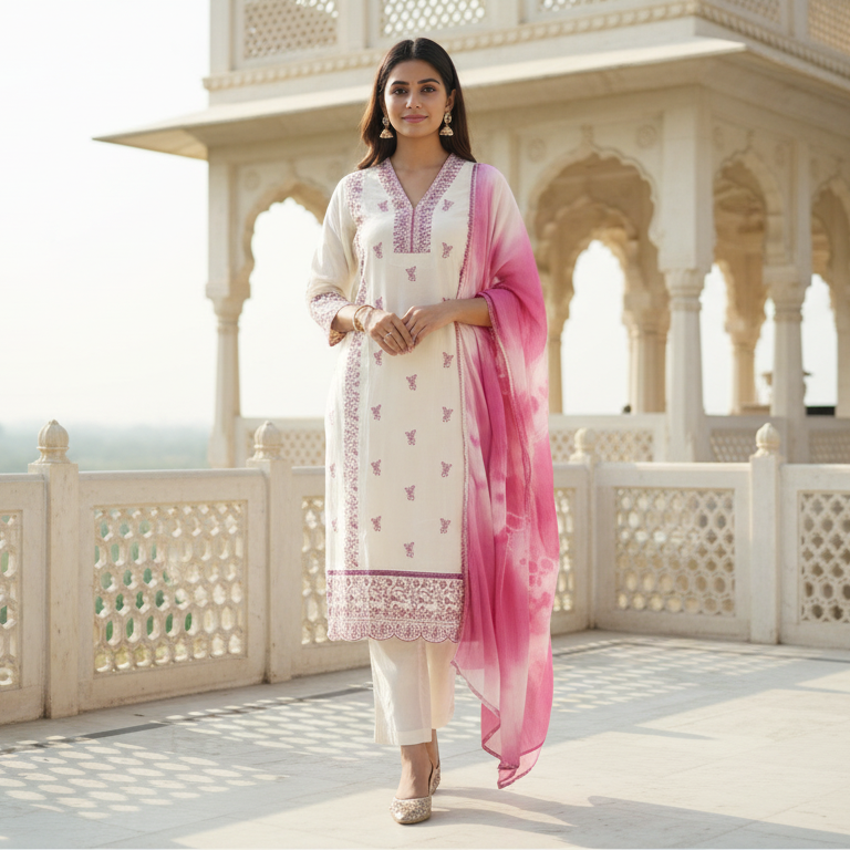 Parvati – Satin Silk 3 Piece Set in Ivory & Rose Pink