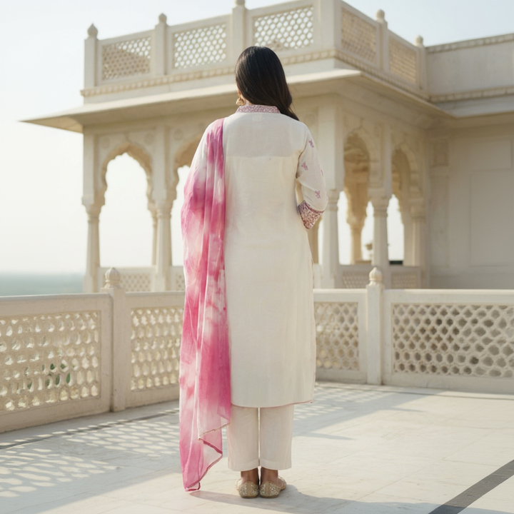 Parvati – Satin Silk 3 Piece Set in Ivory & Rose Pink