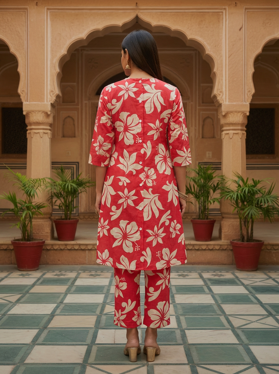 Ahana Cotton Co-ord Set – Vermilion Red Floral