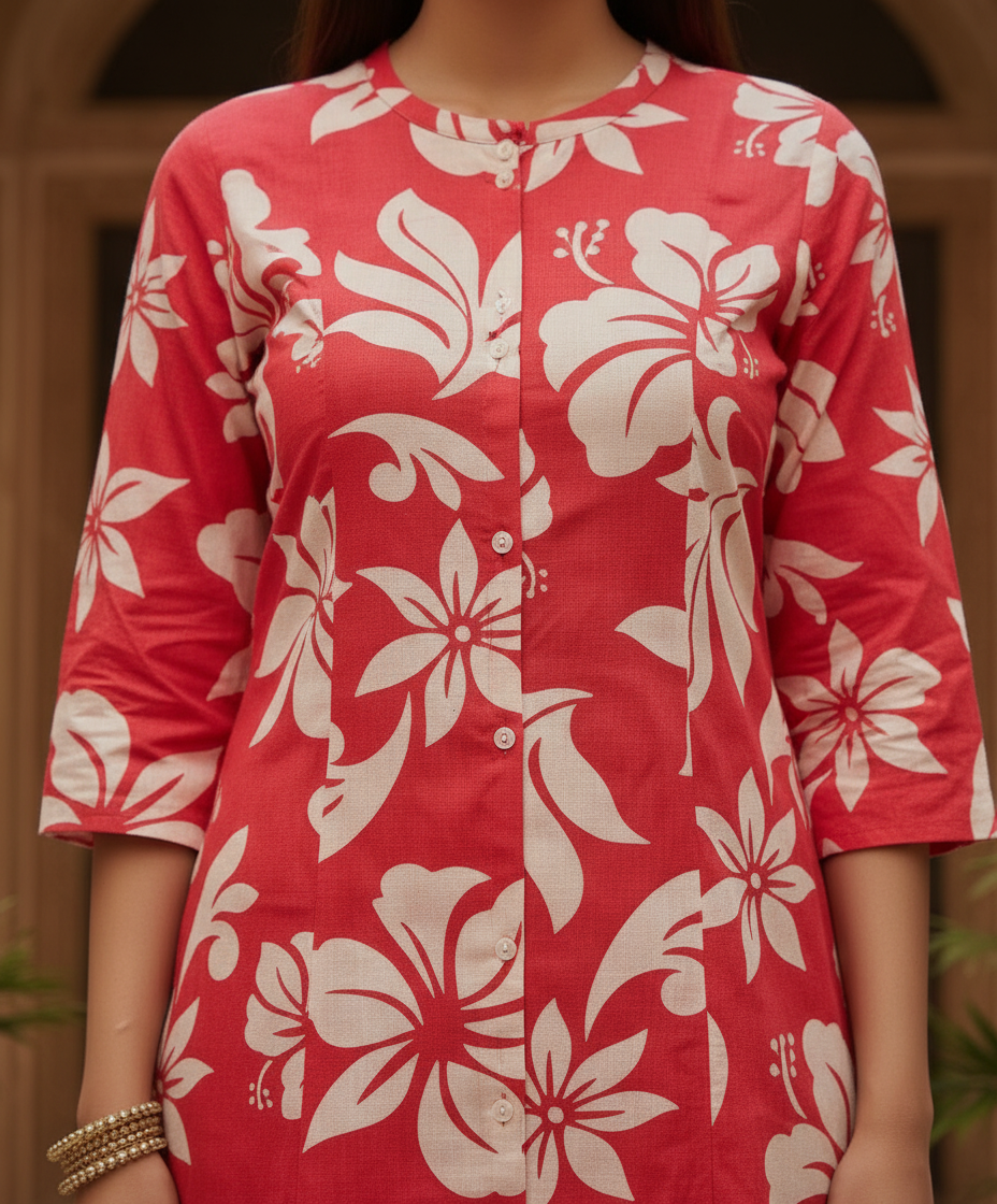 Ahana Cotton Co-ord Set – Vermilion Red Floral