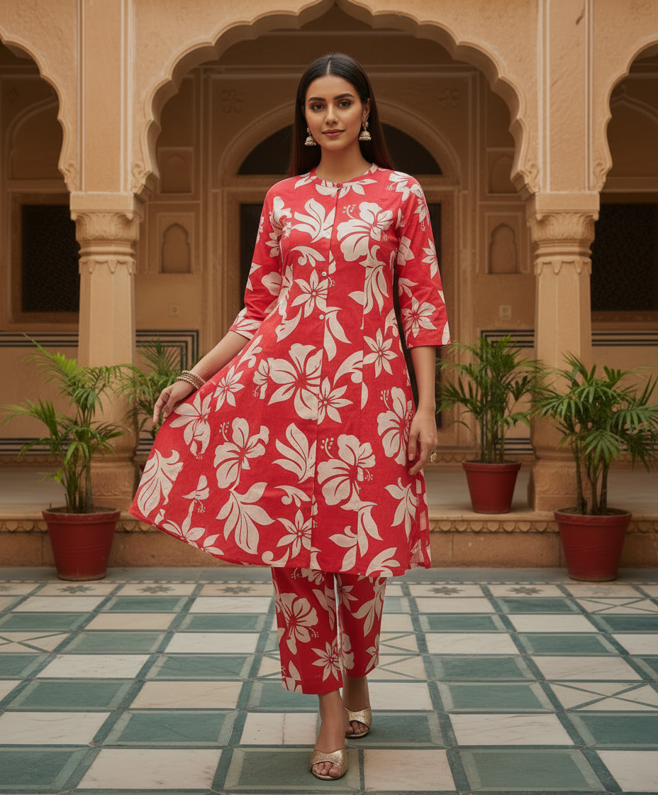 Ahana Cotton Co-ord Set – Vermilion Red Floral