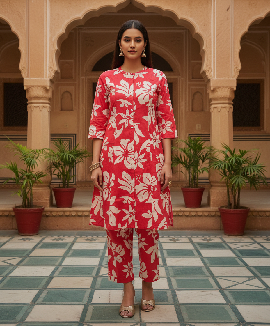 Ahana Cotton Co-ord Set – Vermilion Red Floral