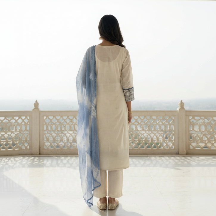 Parvati – Satin Silk 3 Piece Set in Ivory & Dusty Blue