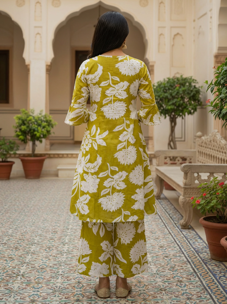 Ahana Cotton Co-ord Set – Mustard Floral