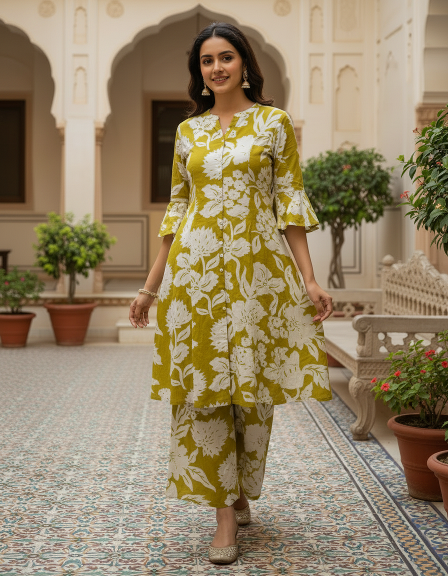 Ahana Cotton Co-ord Set – Mustard Floral