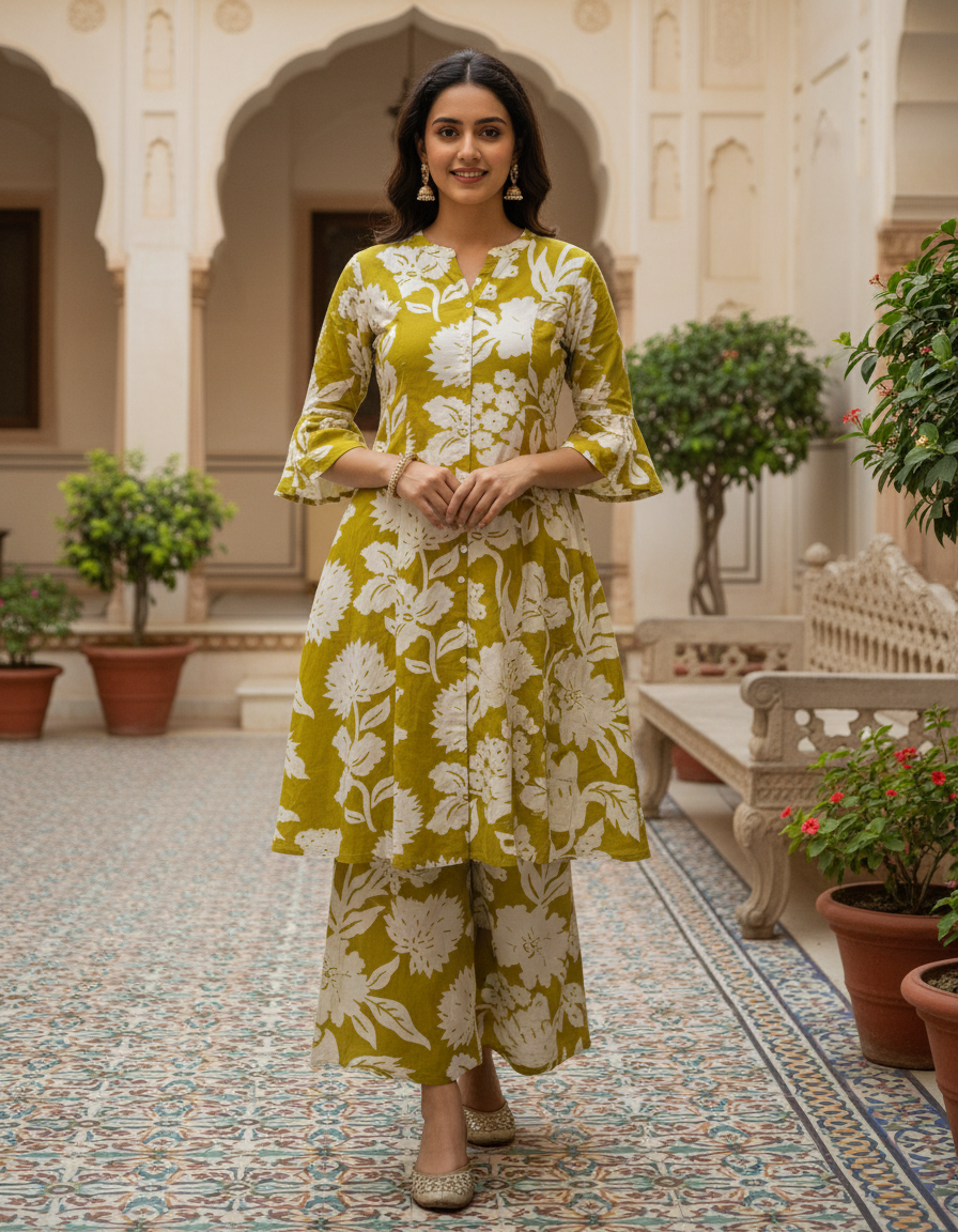 Ahana Cotton Co-ord Set – Mustard Floral