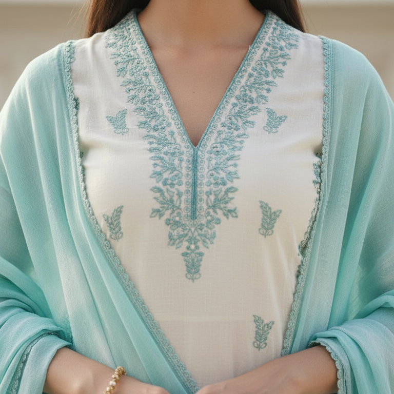 Parvati – Satin Silk 3 Piece Set in Ivory & Aqua Mint