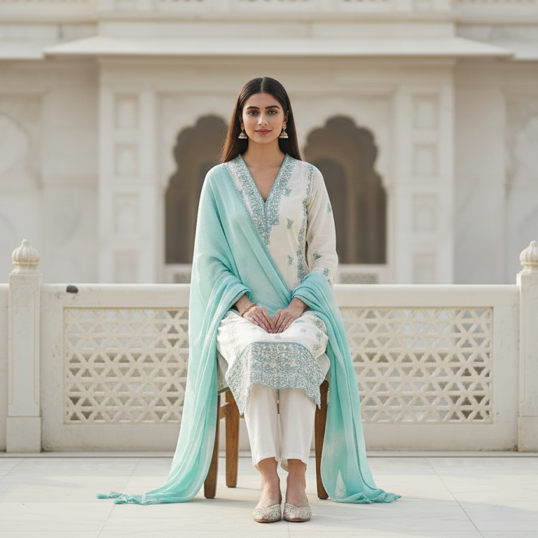 Parvati – Satin Silk 3 Piece Set in Ivory & Aqua Mint