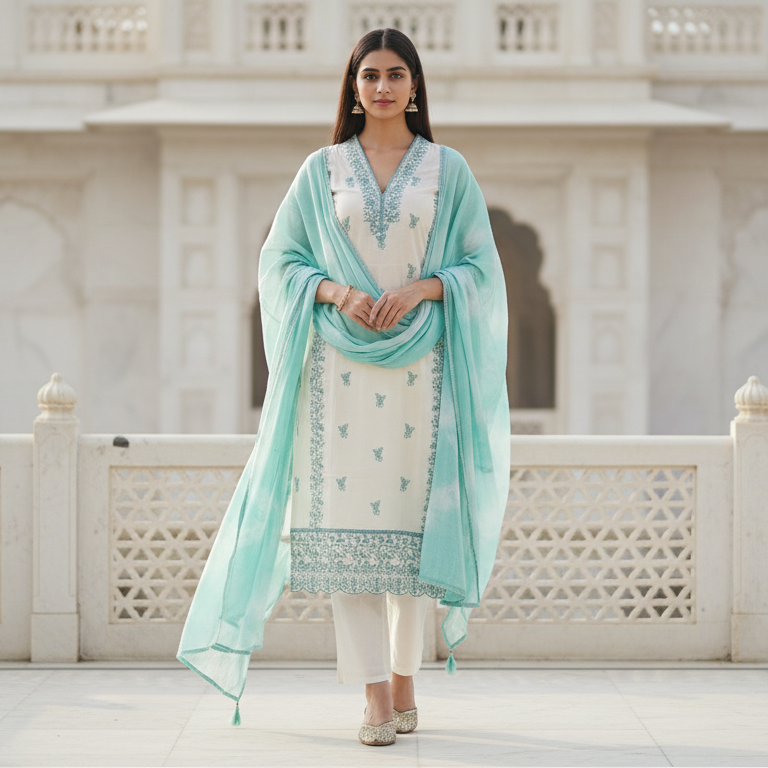 Parvati – Satin Silk 3 Piece Set in Ivory & Aqua Mint
