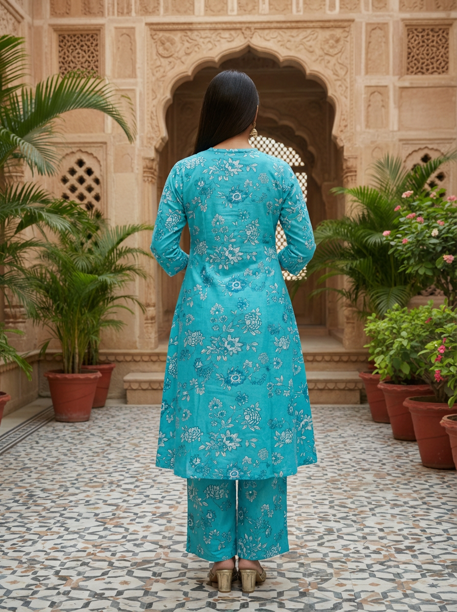 Ahana Cotton Co-ord Set – Teal Floral