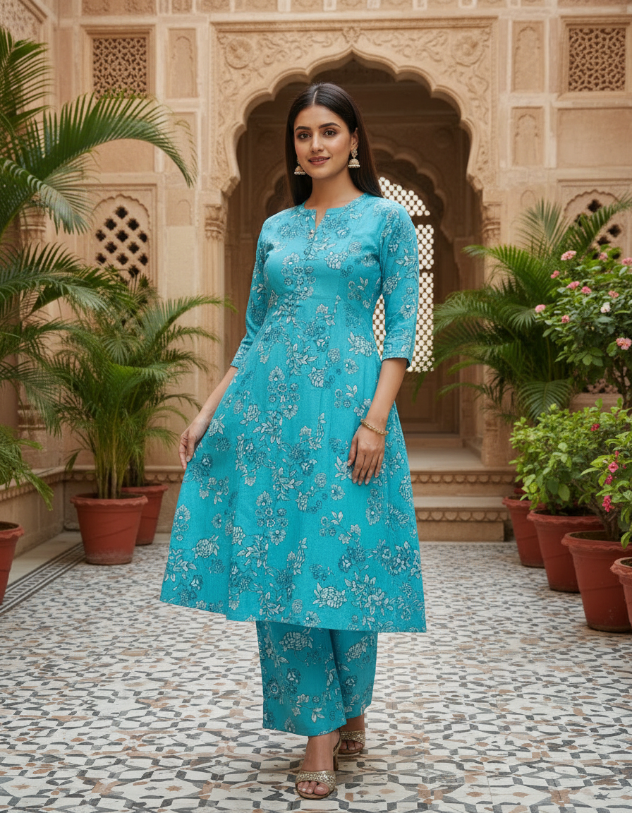 Ahana Cotton Co-ord Set – Teal Floral