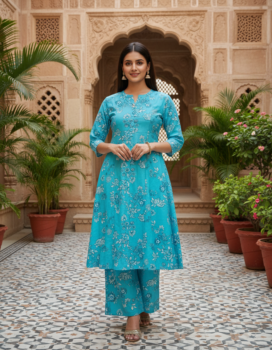 Ahana Cotton Co-ord Set – Teal Floral