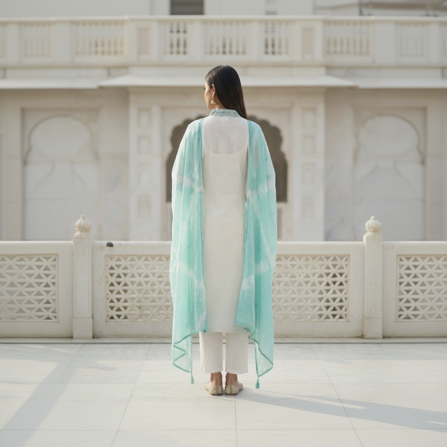 Parvati – Satin Silk 3 Piece Set in Ivory & Aqua Mint