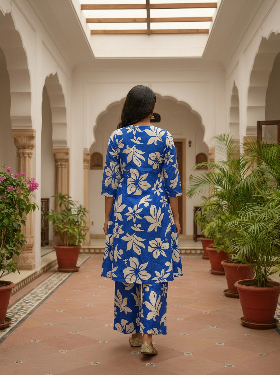 Ahana Cotton Co-ord Set – Royal Blue Floral