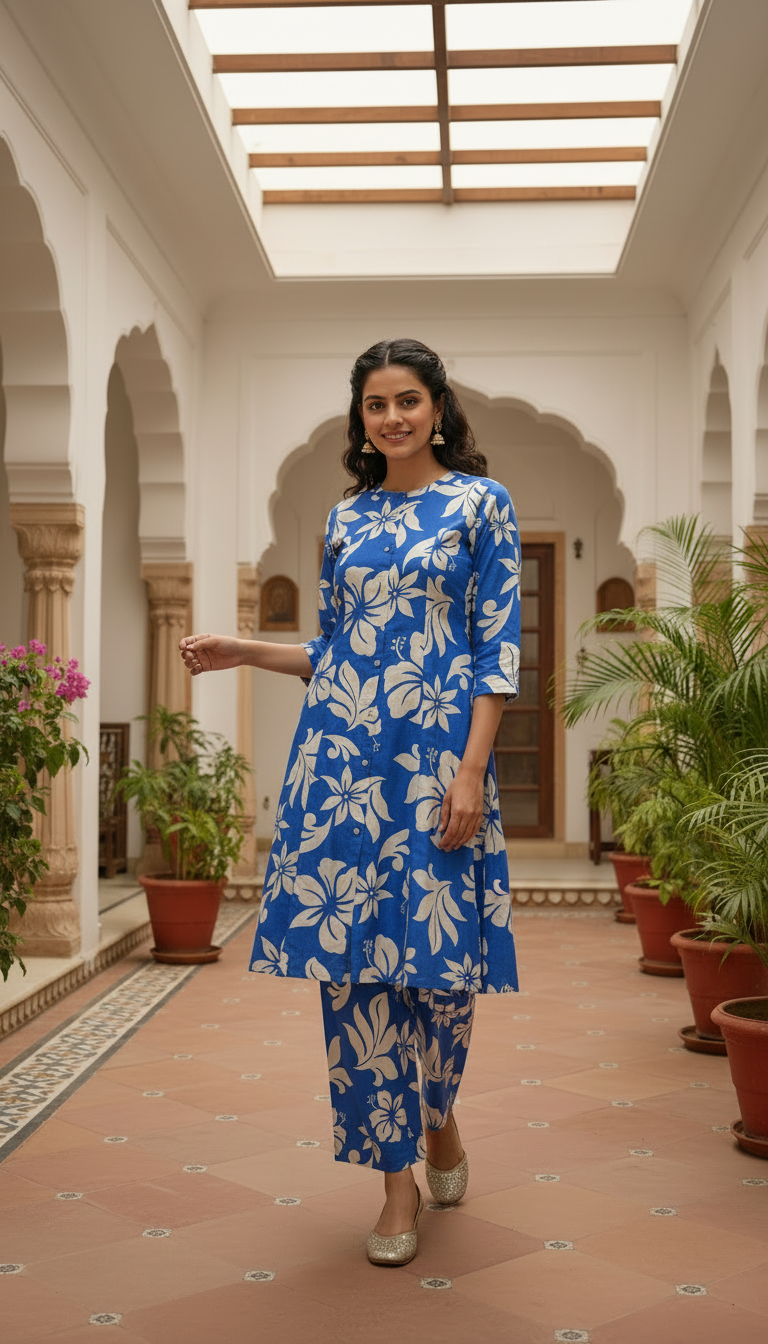 Ahana Cotton Co-ord Set – Royal Blue Floral