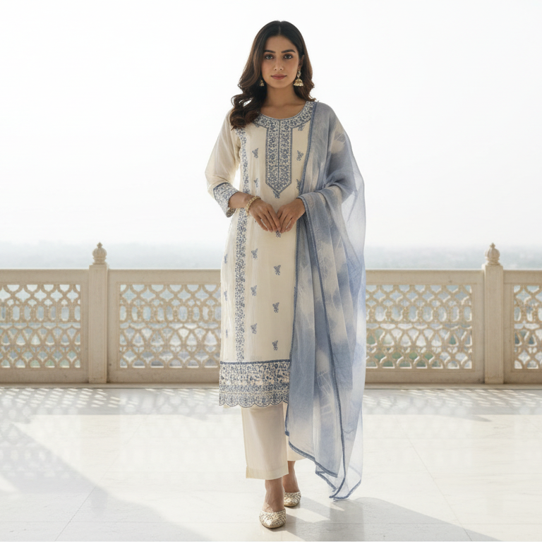 Parvati – Satin Silk 3 Piece Set in Ivory & Dusty Blue