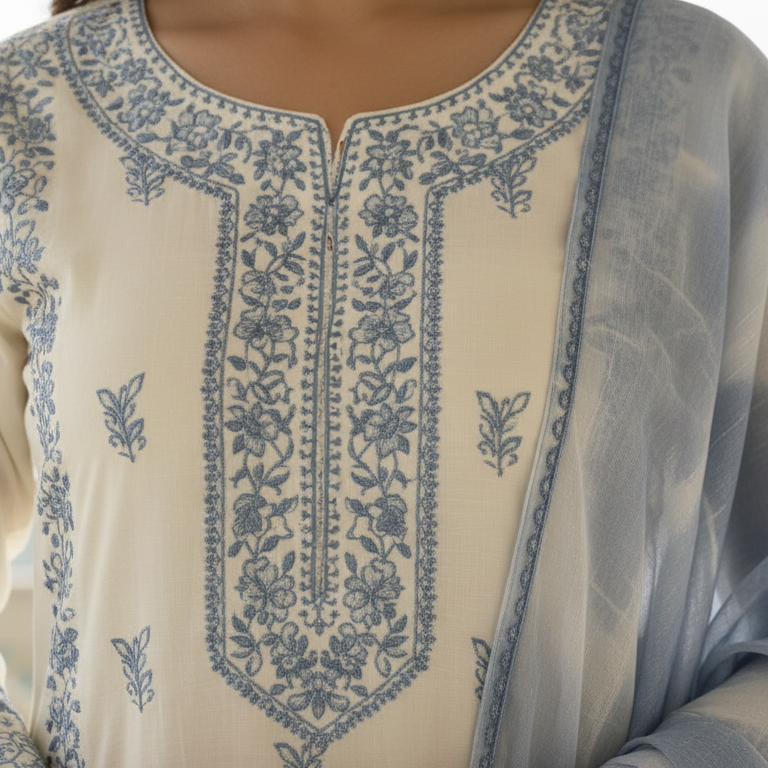 Parvati – Satin Silk 3 Piece Set in Ivory & Dusty Blue