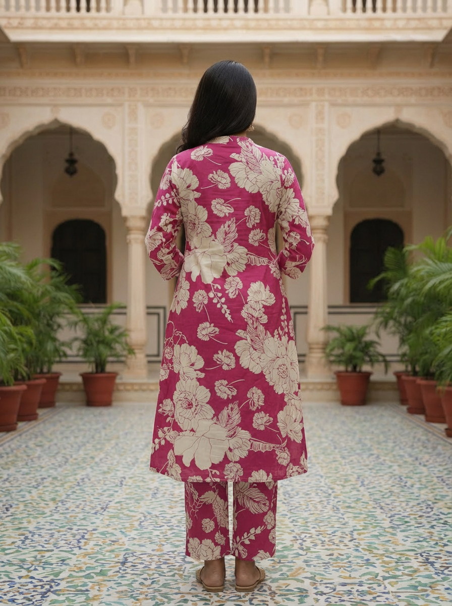 Ahana Cotton Co-ord Set – Rani Pink Floral