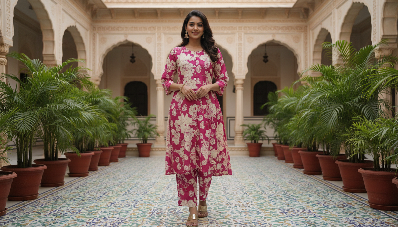Ahana Cotton Co-ord Set – Rani Pink Floral