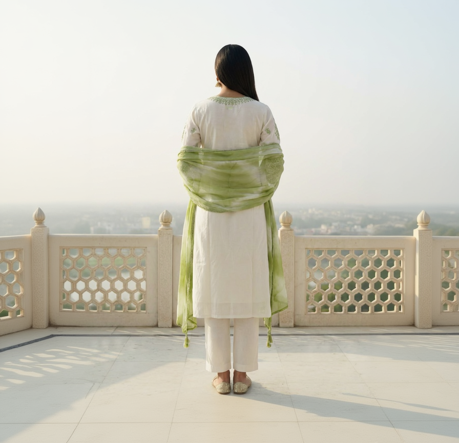 Parvati – Satin Silk 3 Piece Set in Ivory & Mehendi Green