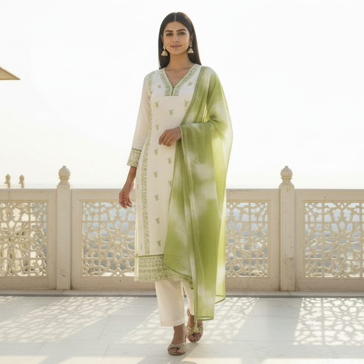 Parvati – Satin Silk 3 Piece Set in Ivory & Mehendi Green