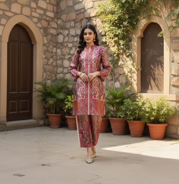 Wine Burgundy Paisley Satin Silk Co-Ord Set