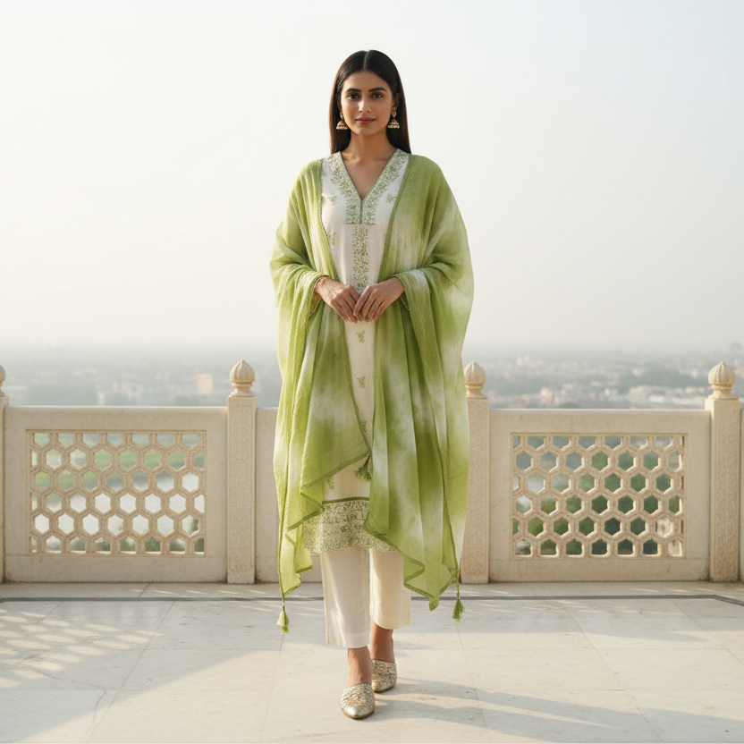 Parvati – Satin Silk 3 Piece Set in Ivory & Mehendi Green