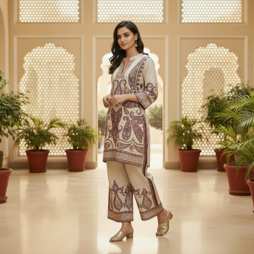 Ivory Wine Paisley Satin Silk Co-Ord Set