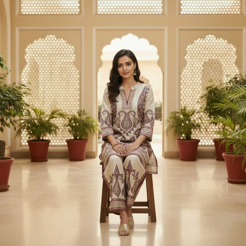 Ivory Wine Paisley Satin Silk Co-Ord Set