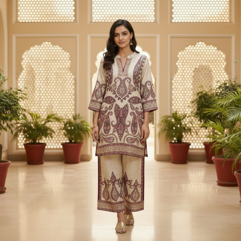 Ivory Wine Paisley Satin Silk Co-Ord Set