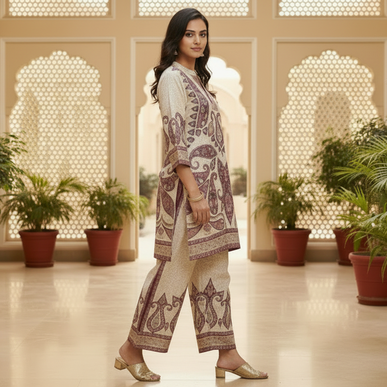 Ivory Wine Paisley Satin Silk Co-Ord Set