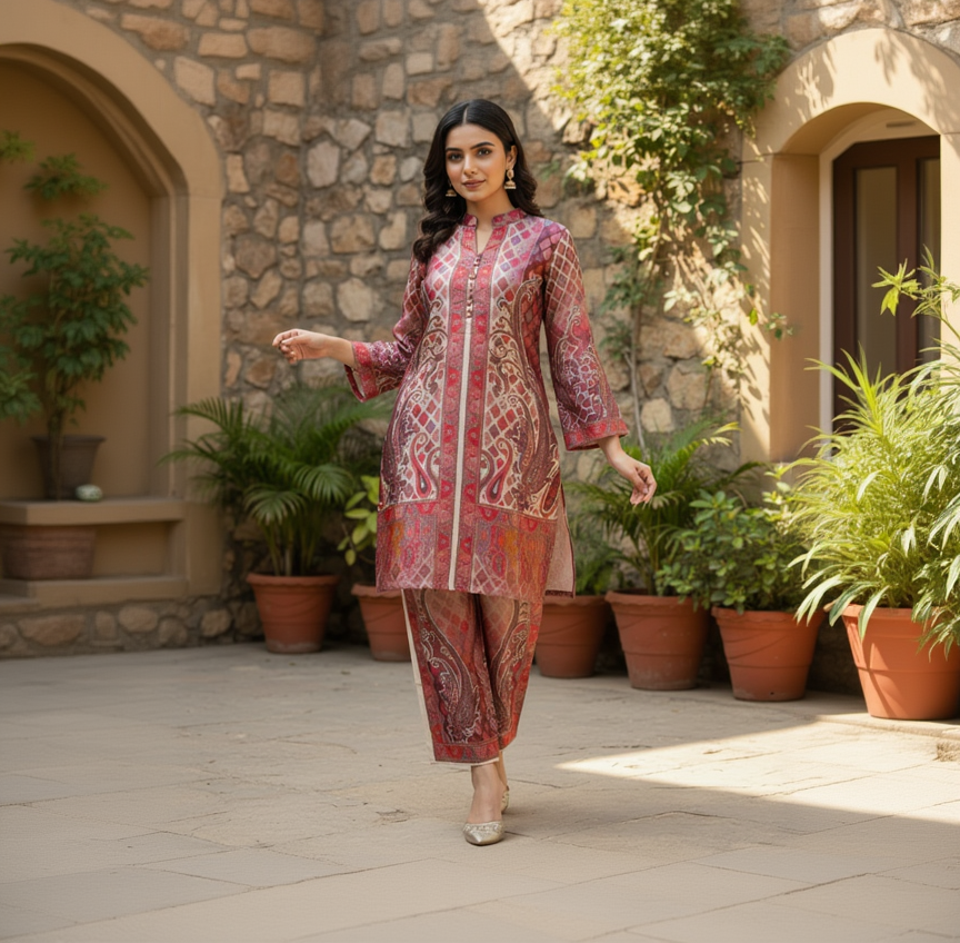 Wine Burgundy Paisley Satin Silk Co-Ord Set