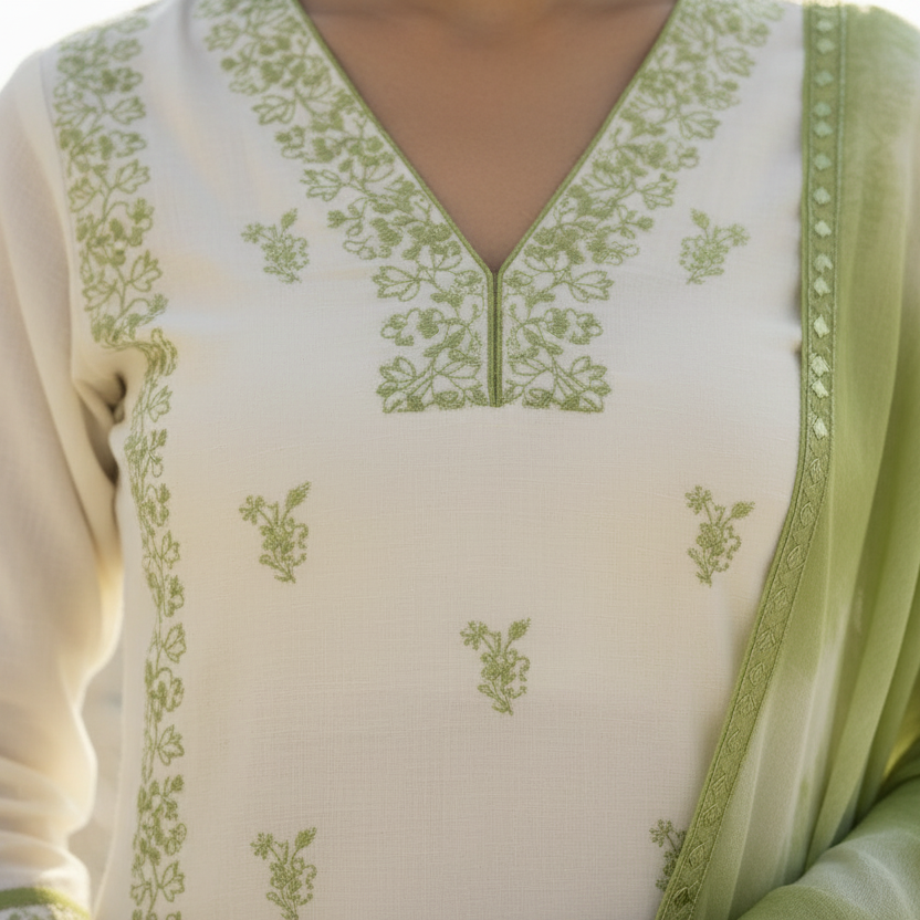 Parvati – Satin Silk 3 Piece Set in Ivory & Mehendi Green